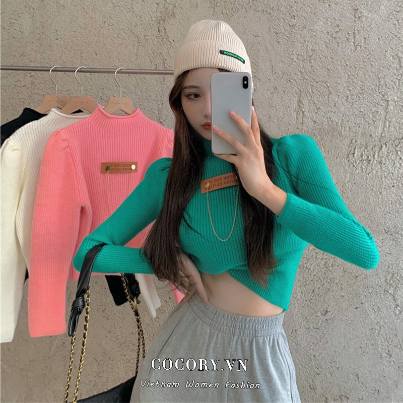 Cocory vn Áo Croptop Dệt Kim Tay Phồng Cổ Lọ 4 Màu Tùy Chọn Thời Trang Mùa Thu Cho Nữ
