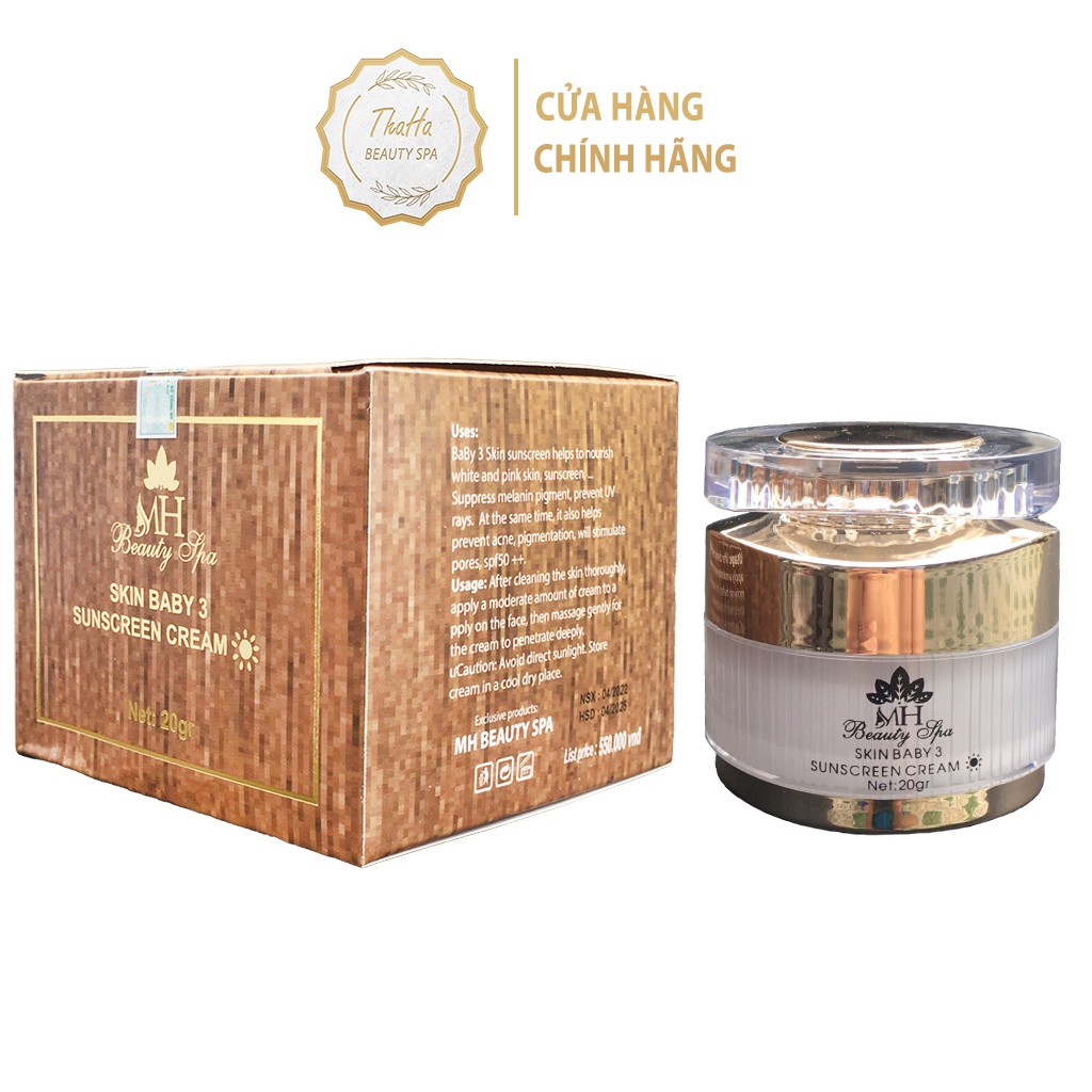 Kem chống nắng Skin Baby 3 SPF 50+, Kem chống nắng vân gỗ MH Beauty Spa dưỡng da trắng hồng, ngừa nám, mụn