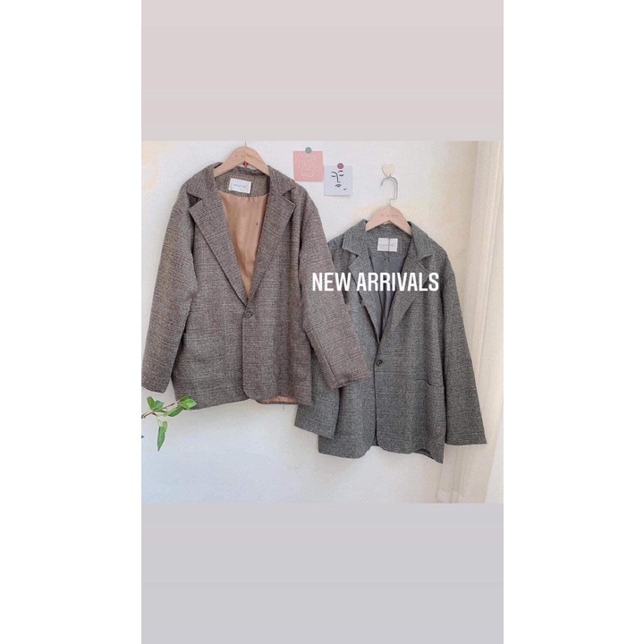 [Ảnh thật] Áo khoác vest kẻ dạ dáng rộng phong cách Hàn Quốc