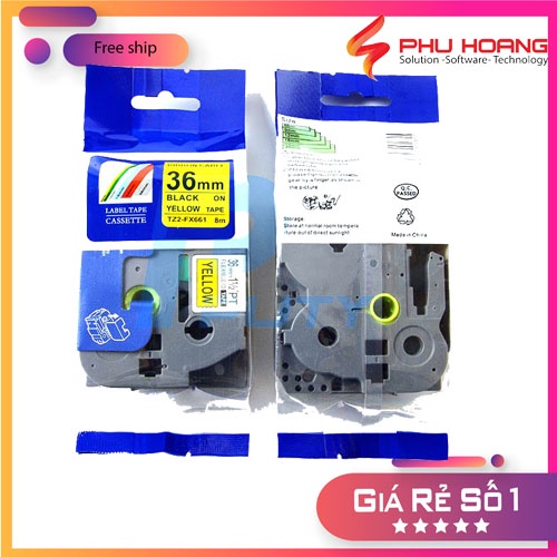 Nhãn in Tz2-661, khổ rộng 36mm* dài 8m, chữ đen nền vàng, chống thấm nước, máy in nhãn Brother, Phu Hoang