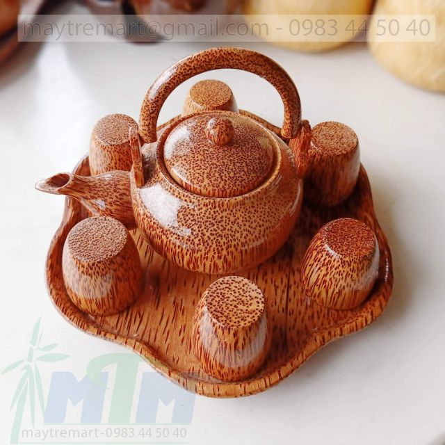 Bộ ấm trà gỗ dừa bông mai