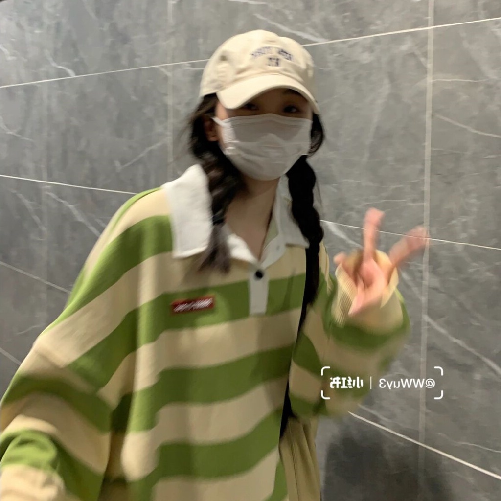 Áo Thun Sweater Mỏng Tay Dài Cổ Polo Dáng Rộng Kẻ Sọc Xinh Xắn Cho Nữ