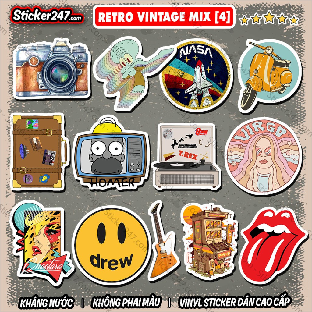 Sticker Vintage Retro 𝑭𝒓𝒆𝒆𝒔𝒉𝒊𝒑 Sticker Dán Mũ Bảo Hiểm, Dán Vali, Đàn Guitar - Hình Dán Chống Thấm Nước - Mix Chủ Đề