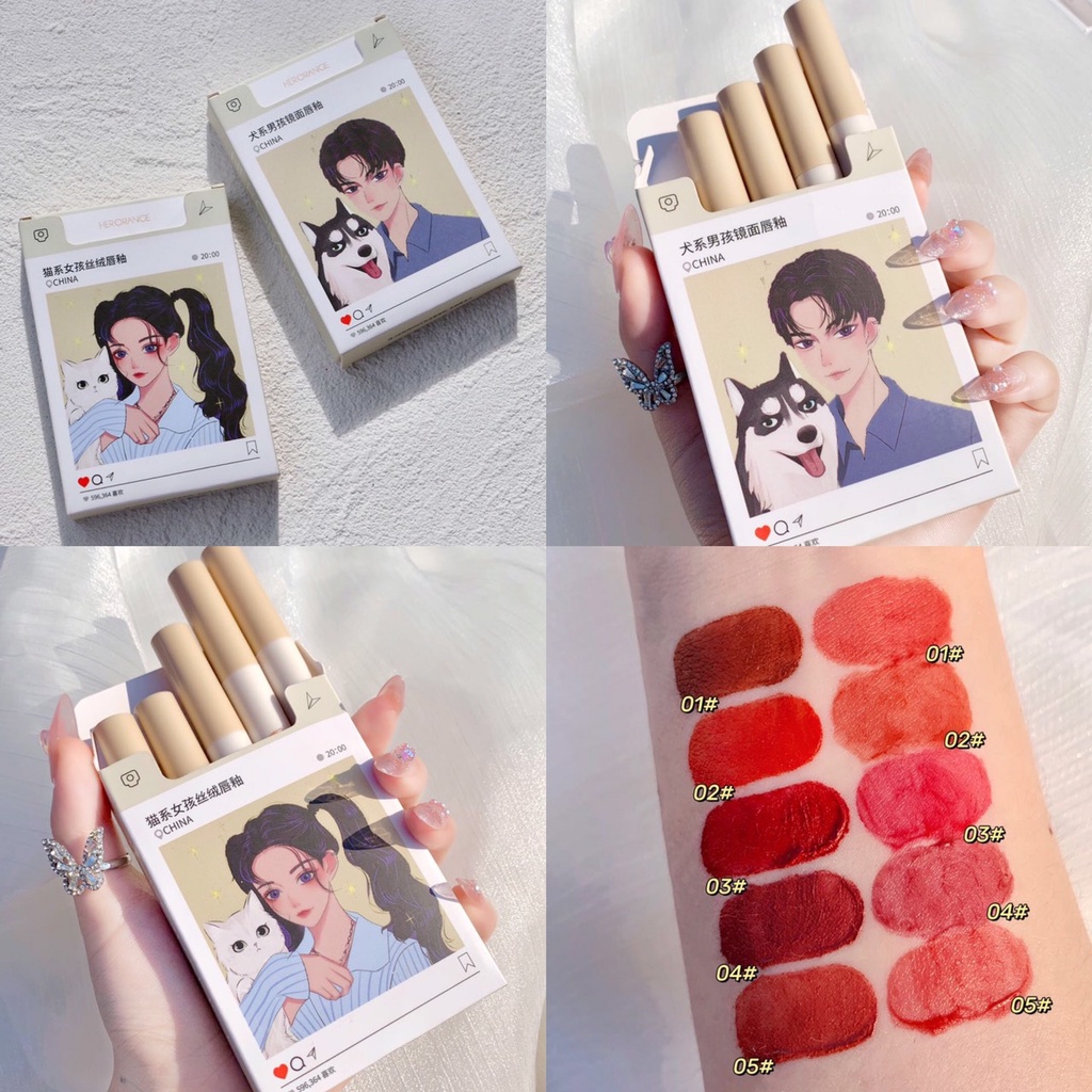 Set 5 son lì thiết kế vỏ họa tiết chú mèo dễ thương xinh xắn (có bán lẻ son bóng)