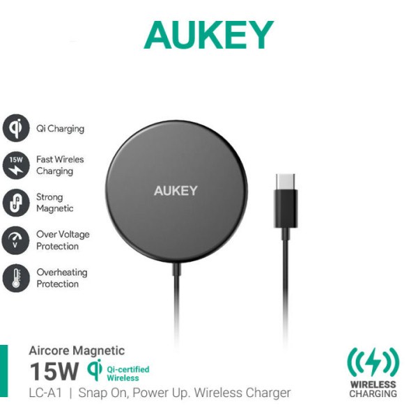Bộ sạc không dây, Đế sạc không dây AUKEY LC-A1 QI 15W, Sạc Nhanh Không Dây Dành Cho Smartphone - Hàng Chính Hãng Aukey