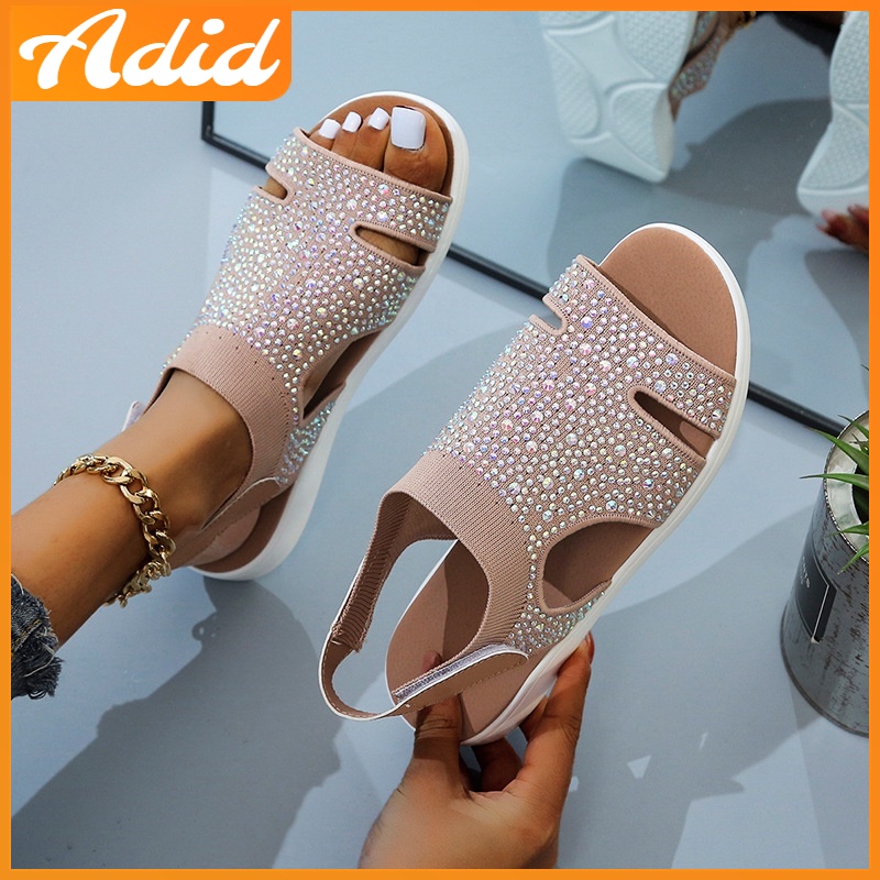 Giày Sandal Đi Biển Mùa Hè Cỡ Lớn Thoáng Khí Đính Đá Giả Kim Cương Màu Sắc Đơn Giản Cho Nữ