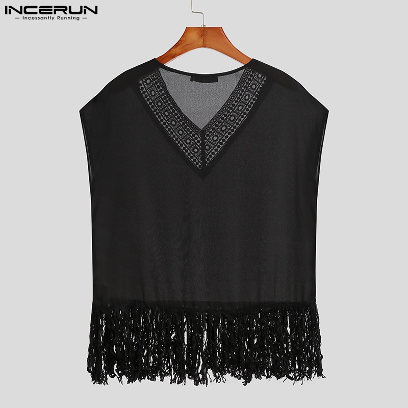 INCERUN Áo Thun Ba Lỗ Cổ Chữ V Phối Tua Rua Xuyên Thấu Phong Cách Vintage Cho Nam