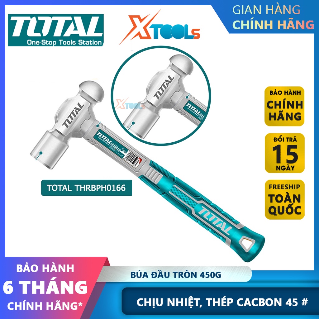 Búa đầu tròn 450g Total THRBPH0166, đầu búa nguyên khối chịu nhiệt, thép cacbon 45#, tay cầm 2 màu [CHÍNH HÃNG][XTOOLS]