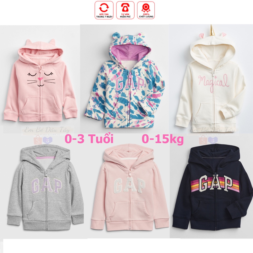 Áo khoác bé gái 0-3 tuổi GAP  size nhí 0-15kg nỉ bông, da cá / Áo khoác hoodie khóa kéo có nón