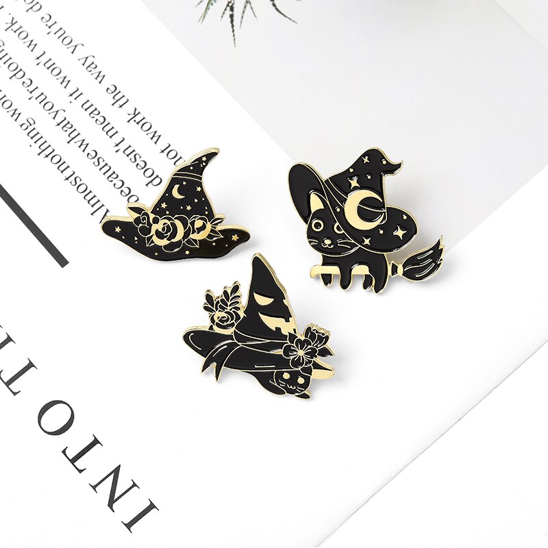 Ghim cài áo QIHE JEWELRY QIHE JEWELRY họa tiết mèo phù thủy phong cách gothic đáng yêu