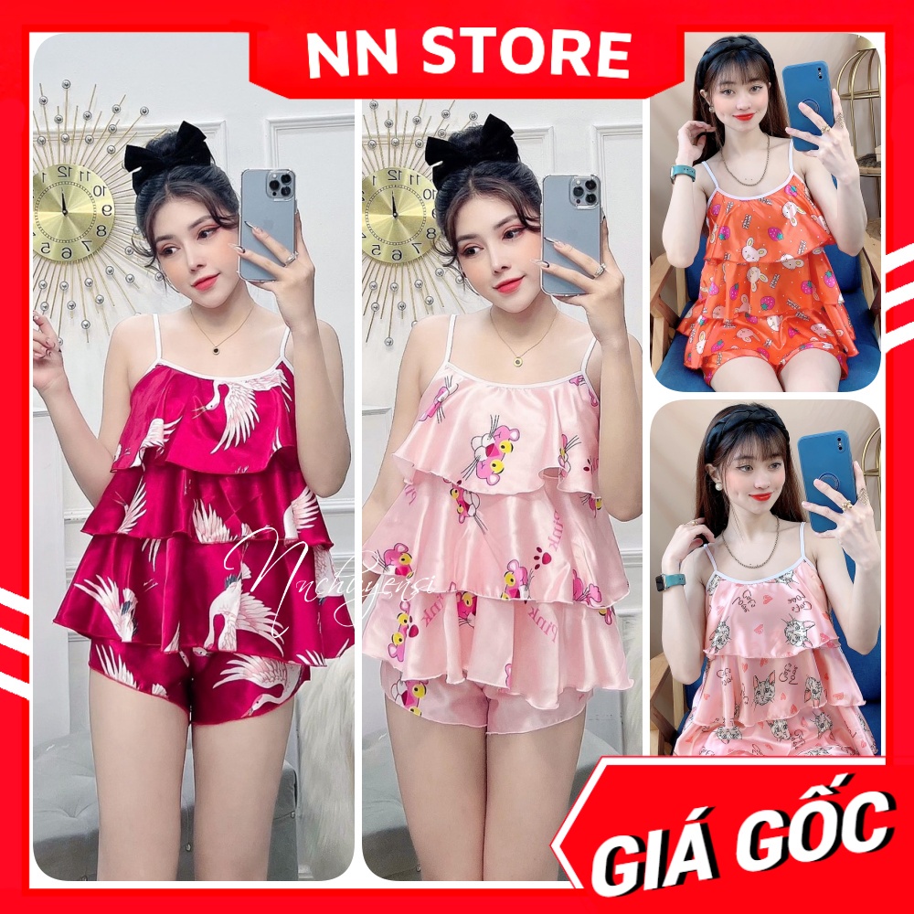 Đồ bộ sexy cho nữ mặc nhà chất phi bóng mềm mát in gấu hoạt hình dễ thương BPT418