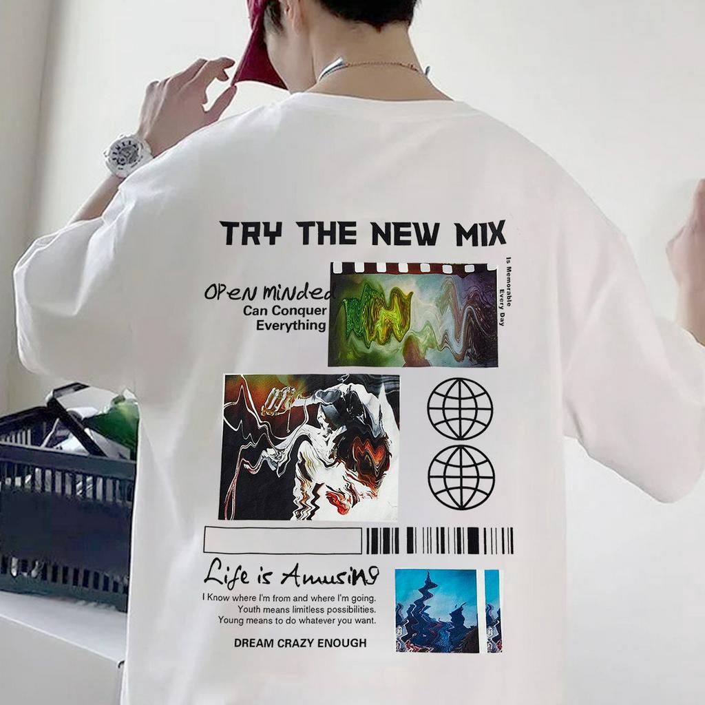 Áo thun unisex tay lỡ nam nữ TRY THE NEW MIX form rộng