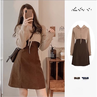 (HÀNG SẴN) Set áo len có mũ dáng Croptop + Váy xòe dáng A-line style MORAN độc lạ Hàn Quốc