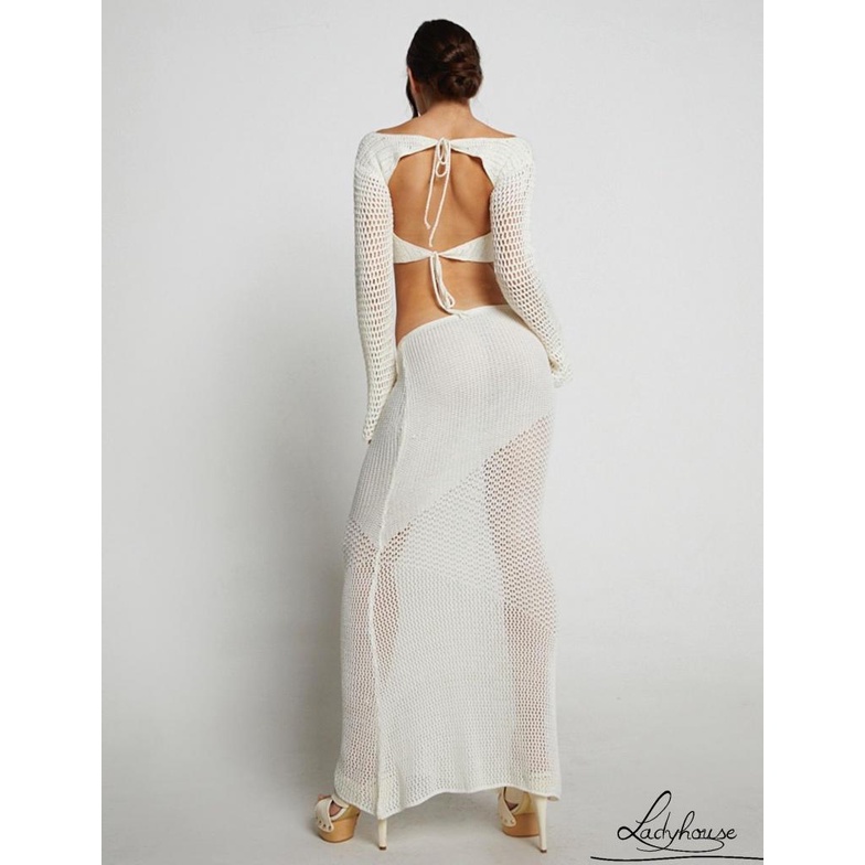 Bộ Trang Phục 2 Mảnh Gồm Áo Croptop Tay Dài Khoét Lỗ + Chân Váy Dệt Kim Màu Trắng Thời Trang Cho Nữ