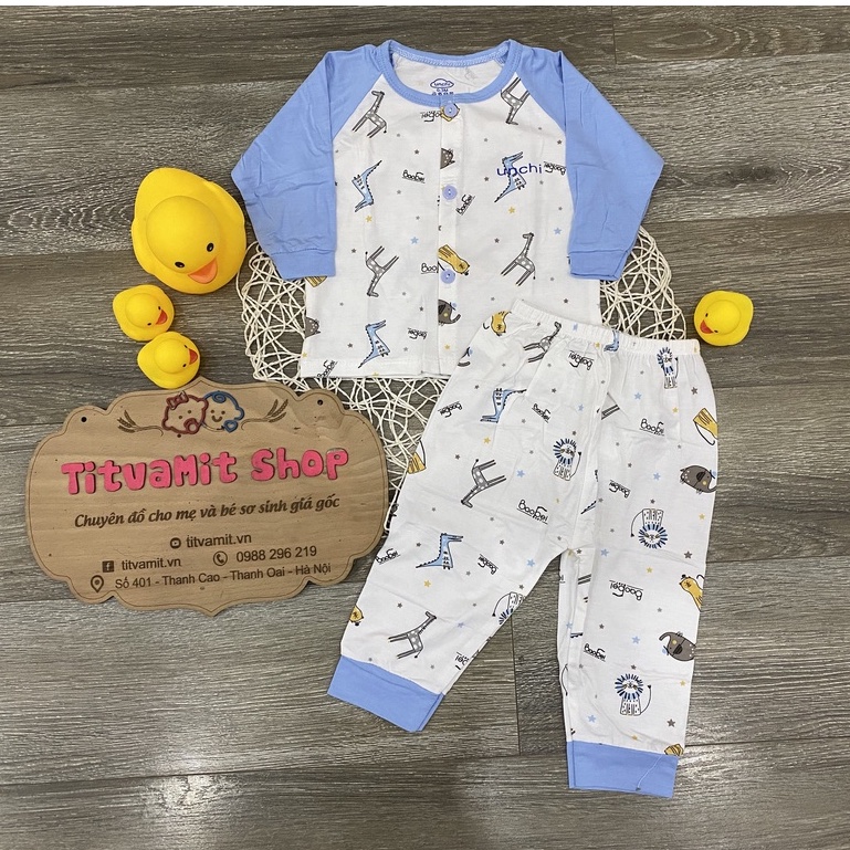 Bộ unchi dài tay cúc giữa peptit trắng hoạ tiết tay màu cho bé trai, bé gái, bộ unchi cho bé dài tay