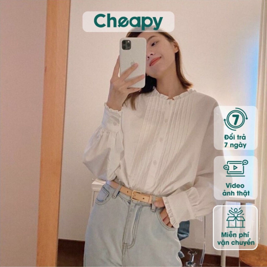 Áo sơ mi dài tay nữ trắng xếp ly cổ bèo freesize phom rộng dáng thung công sở học sinh cổ điển hàn quốc basic C805