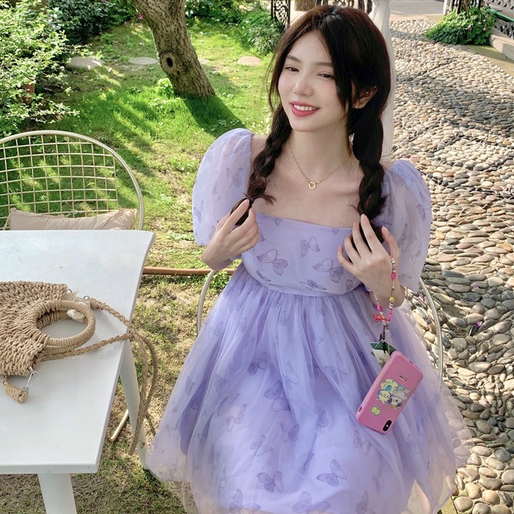 Đầm Ngắn Tay Phồng Chất Liệu Chiffon Thời Trang Mùa Hè Hàn Quốc Mới Cho Nữ