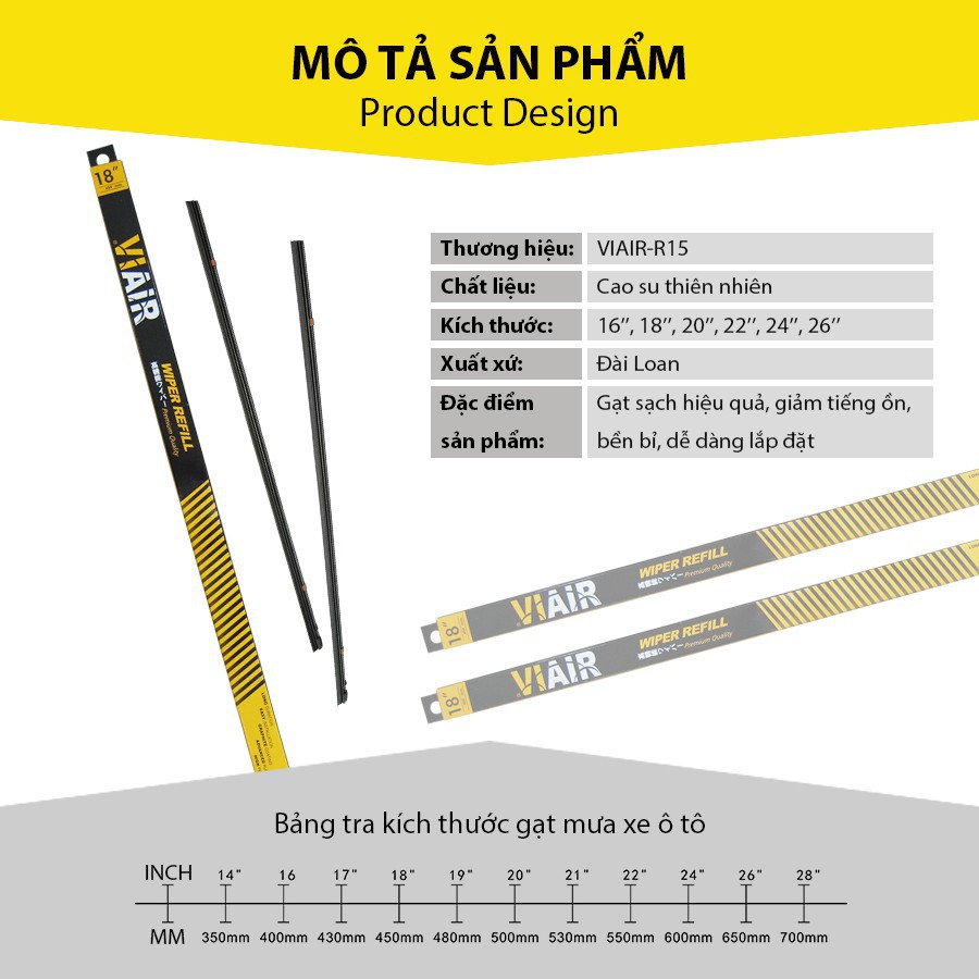 Combo hộp 2 Lưỡi gạt mưa loại A VIAIR R15  - Nhập Khẩu Chính Hãng