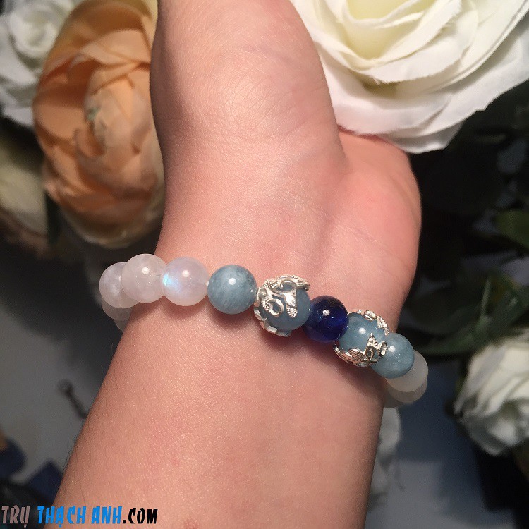 Vòng tay đá mặt trăng mix đá kyanite và đá aquamarin