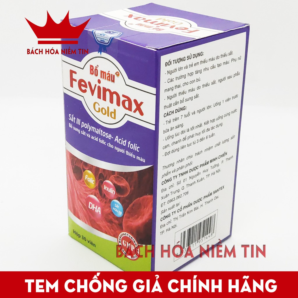 Viên uống Bổ máu Fevimax Gold bổ sung Sắt, Acid Folic cho người thiếu máu  , phụ nữ mang thai và cho con bú - Lọ 30v