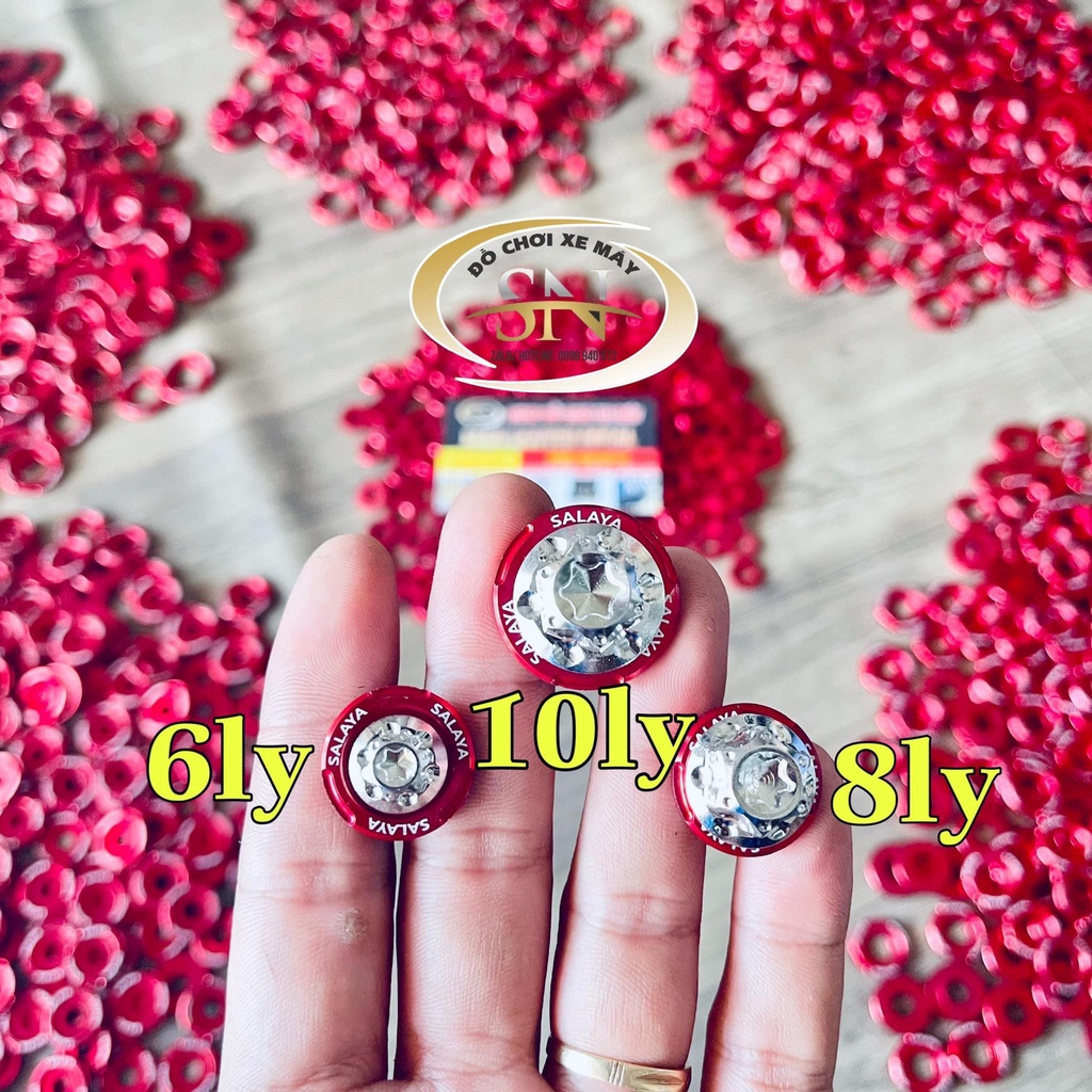 Long đền nhôm 6li 8li 10li 12li 14li màu đỏ có chữ salaya gắn lốc máy gắn hộp sên ốc áo nhiều dòng xe