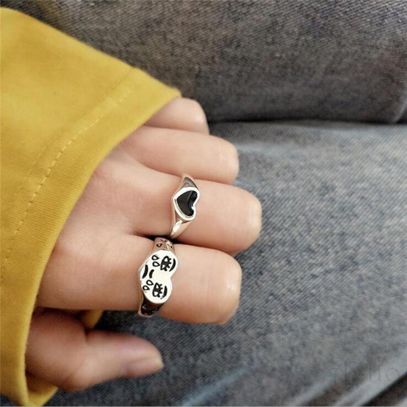 [Aalto] Mới tình yêu màu đen đơn giản thời trang nữ nhẫn phụ kiện mở nước mắt biểu cảm cổ điển ngón trỏ đeo nhẫn tay trang sức