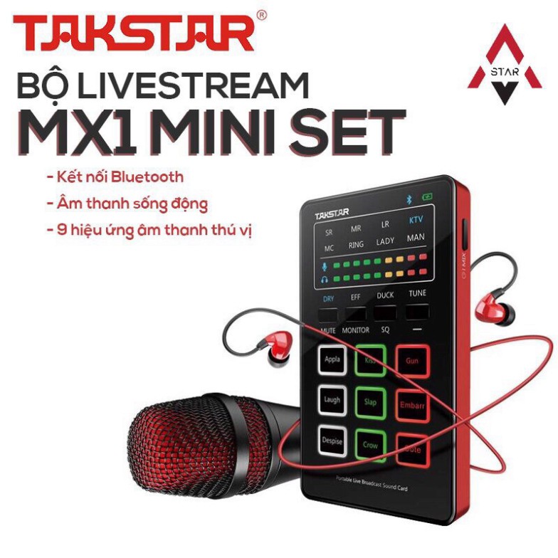Combo mic thu âm Takstar MX1 mini đầy đủ mic livestream sound card có auto-tone tích hợp pin giá dây livestream tai nghe