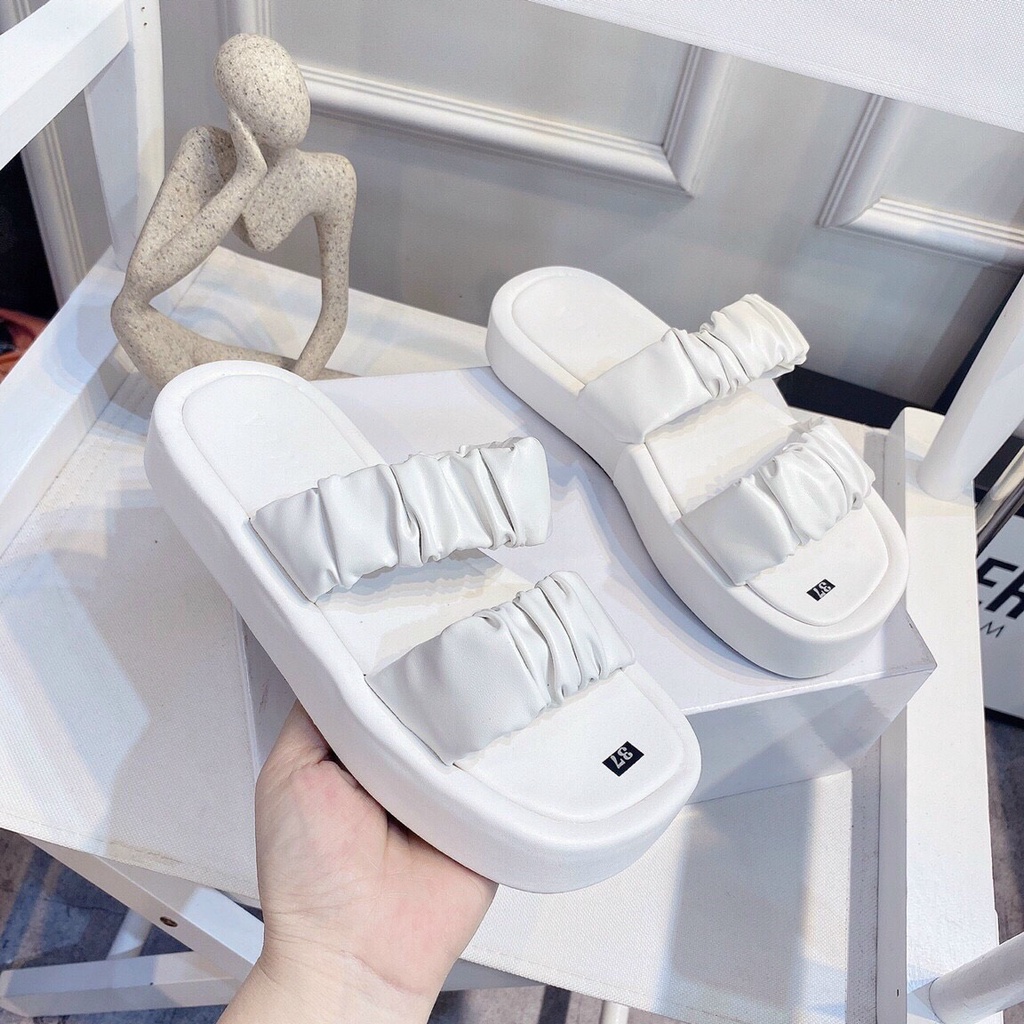 Dép quai ngang nữ , dép lê nữ đế xuồng bánh mì độn siêu nhẹ, quai nhún phồng thiết kế trẻ trung phong cách ulzzang