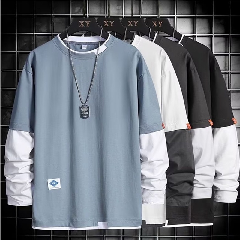 Áo Thun Nam Dài Tay Giả Hai Lớp Phong Cách Mới Mùa Thu Size M-3xl