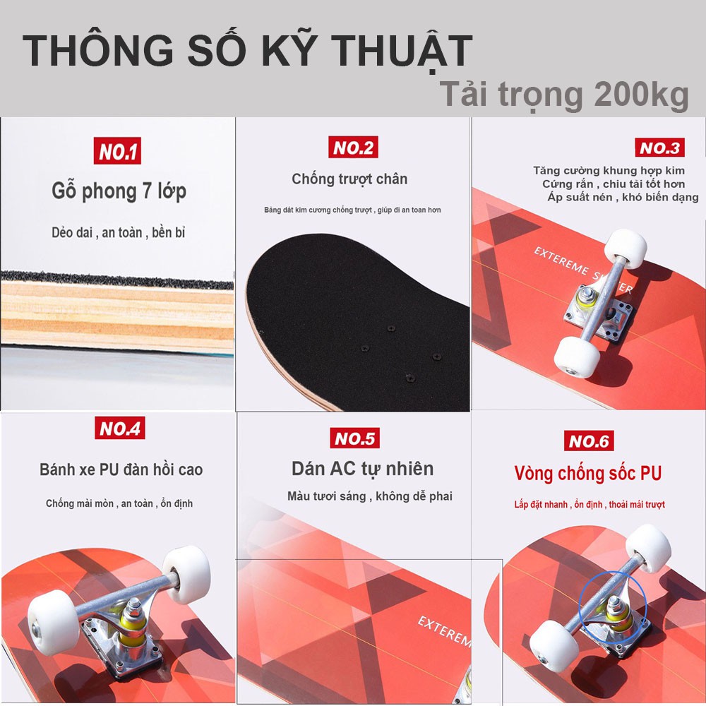 Ván trượt skateboard thể thao chất liệu gỗ phong ép cao cấp 7 lớp  tải trọng 200kg mặt nhám đá kim cương LNT