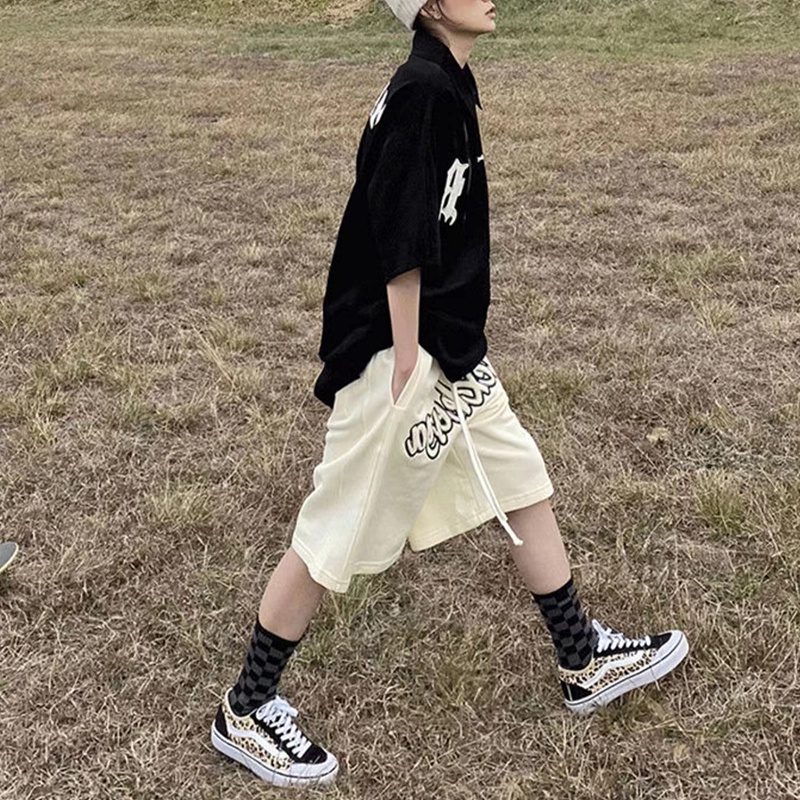 Quần Short Lưng Cao Ống Rộng Dây Rút In Họa Tiết retro Mỹ 3 Màu Sắc Cho Nữ