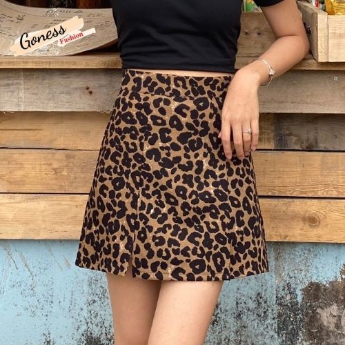 Chân váy chữ A Goness dáng ngắn lưng cao họa tiết da báo phong cách retro