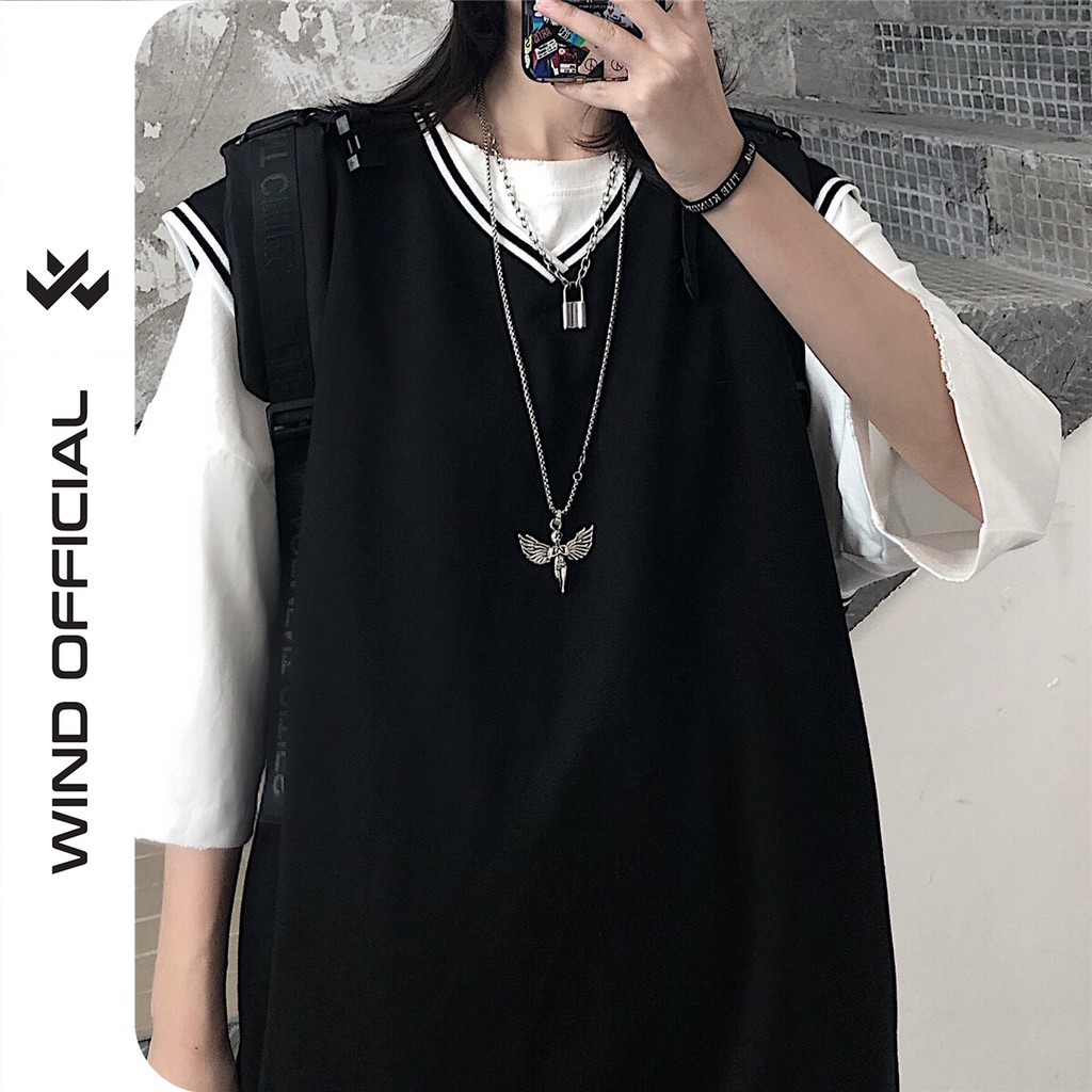Set áo gile WIND Trơn mix áo phông tay lỡ Trắng form rộng unisex phong cách ulzzang | BigBuy360 - bigbuy360.vn