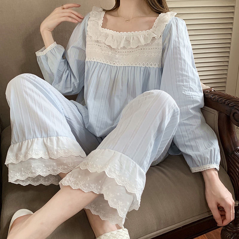 [ Order] Bộ đồ ngủ Pyjama dài tay mặc ở nhà tiểu thư có ren chất mát Ulzzang Hàn Quốc