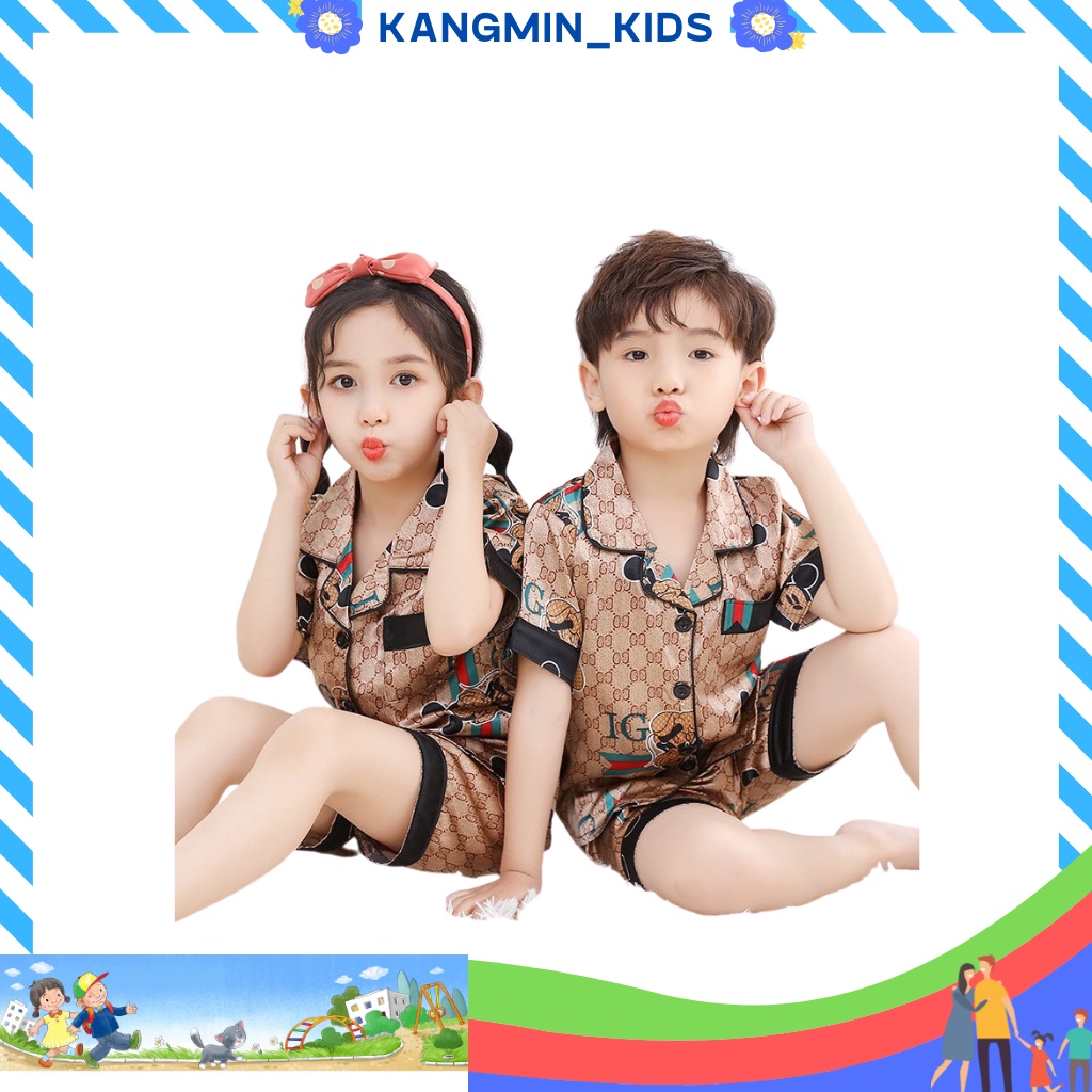 Bộ quần áo bé trai bé gái Kangmin kids, pijama cho bé trai bé gái chất lụa mêm PM08, bộ đồ ngủ cho bé từ 7-28kg