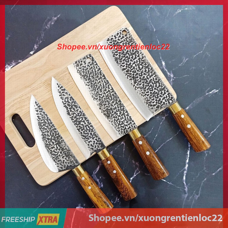 Bộ dao bếp 4 món (Chặt-Thái-Lọc) Thép Nhíp Dập Vân 2 Mặt Kháng Rỉ Tốt - Cán Gỗ Cẩm
