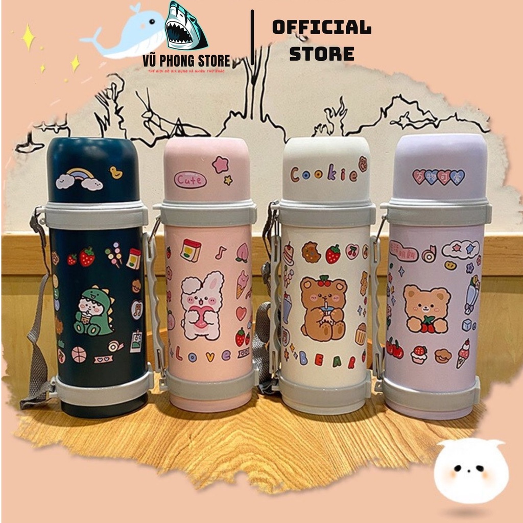 Bình giữ nhiệt cute 1000ml inox 304 cao cấp, phích giữ nhiệt 12h có dây đeo tiện lợi tặng kèm sticker - Vũ Phong Store