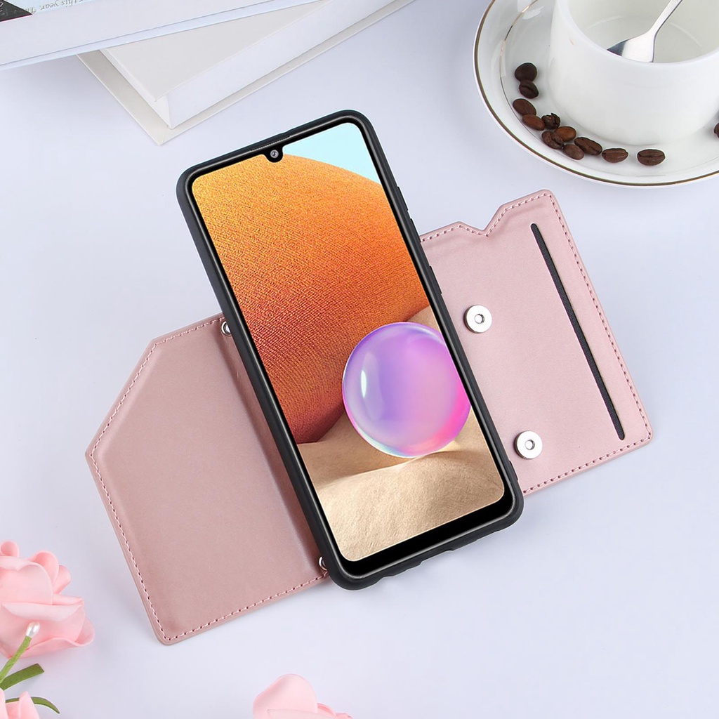 Ốp điện thoại da mềm màu trơn dạng ví cho Samsung Galaxy S21 FE A22 A52 A72 A12 A32 A42 A02s M51 M12 M02s M42 5G 4G