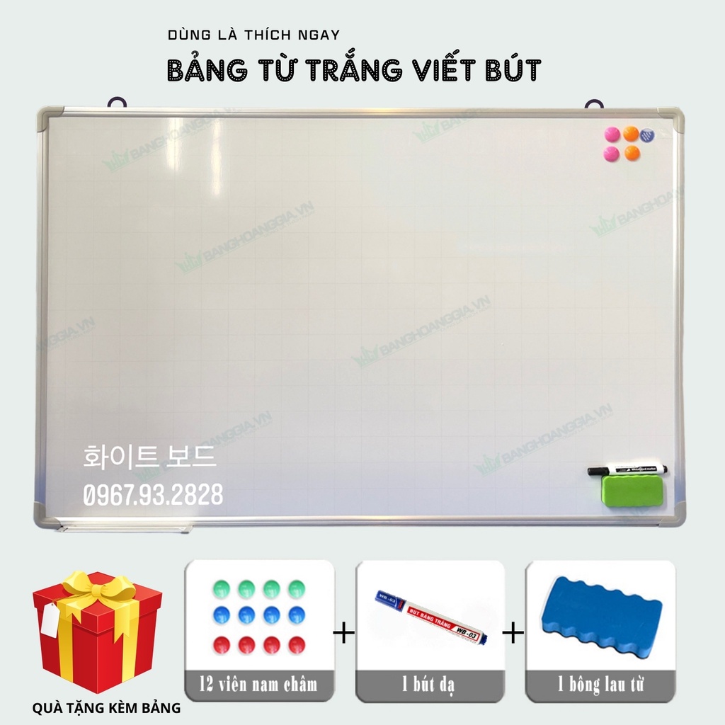 Bảng từ trắng viết bút dạ ,kt 60*100cm tặng bút dạ,bông lau, nam châm