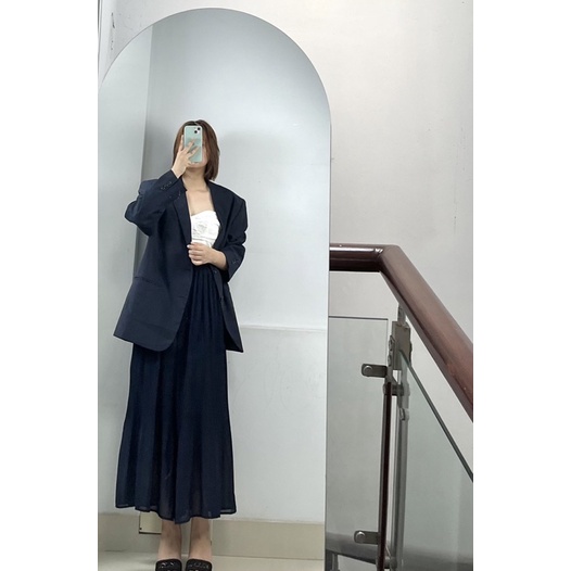 Set quần ống rộng voan xếp ly hàn quốc và áo blazer nữ form rộng unisex xanh đen sọc chất hai lớp dày dặn có đệm vai