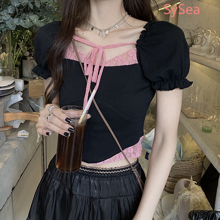 Áo croptop tay phồng ngắn phối ren quyến rũ thời trang mùa hè cho nữ