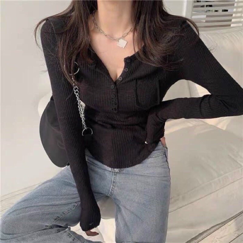 Áo Thun Tay Dài Phối Túi Basic
