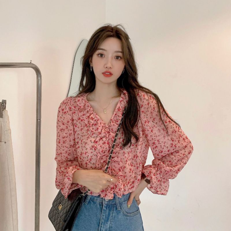 Áo Sơ Mi Nữ Tay Dài Cổ Bèo Hoa Nhí Cực Xinh Ulzzang