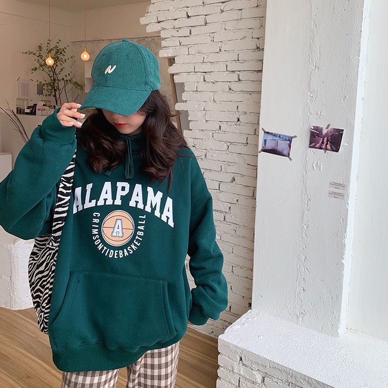 Áo Hoodie Form Rộng Unisex Tay Bồng Nam Nữ IN chữ ALABAMA màu xanh lá, Áo khoác Sweater Chất Nỉ Dày dặn ulzzang