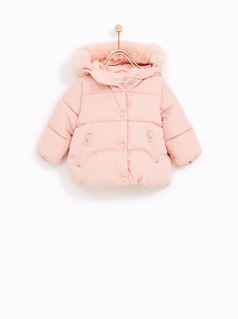 Áo khoác phao Zara mũ lông bé gái/bé trai