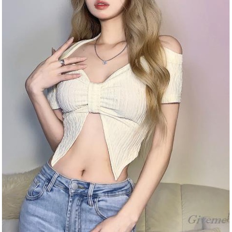 Áo Thun Tay Ngắn Cổ Chữ V Hở Rốn Màu Trơn Thời Trang Cho Nữ