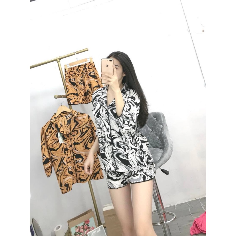 Bộ đùi viền sóng, vải lụa 100D cho nữ mặc nhà, mặc ngủ siêu phong cách, dễ thương