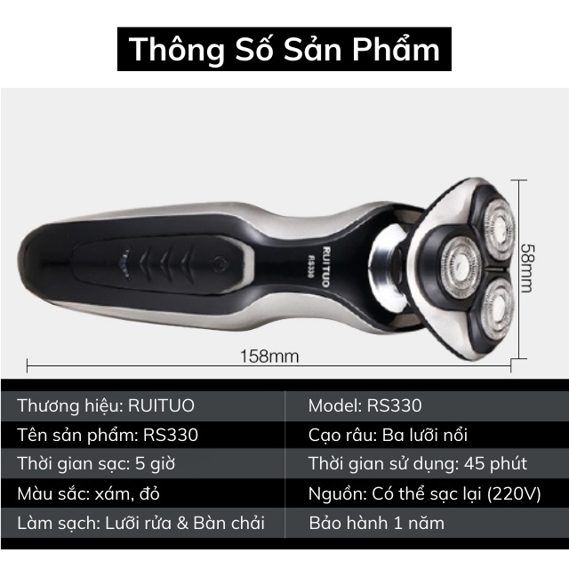 Máy Cạo Râu Khô Nam RUITUO RS330 May Cao Rau Đa Năng, 3 Đầu Máy 3 Lưỡi Cắt, Cạo Sạch, Sát, Không Rát