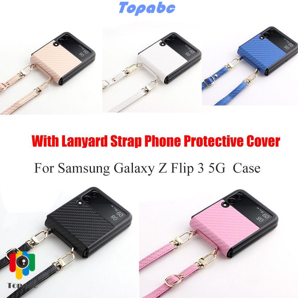 Bao da điện thoại bằng PU họa tiết sợi carbon có dây đeo cổ và ngăn đựng thẻ cho Samsung Galaxy Z Flip 3