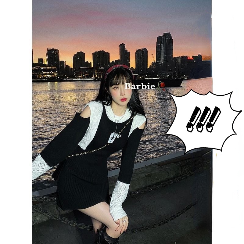 Đầm dệt kim dày trễ vai màu trắng đen thời trang thu đông cho nữ